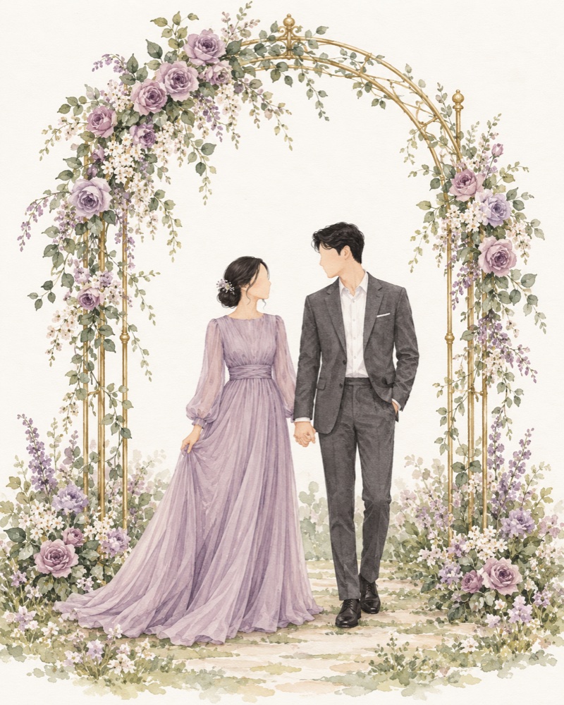 Watercolor illustration of a couple holding hands beneath a lavender floral garden arch